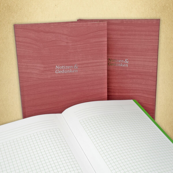 Notizbuch DIN A5, Umschlag rosé Holzoptik, Inhalt grün gedruckt