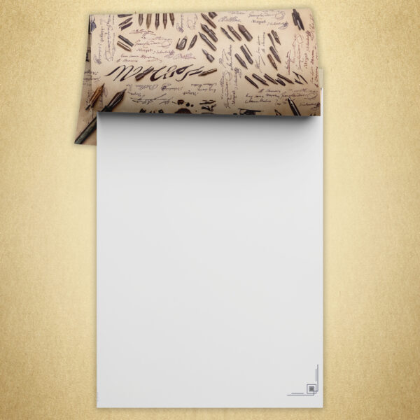 Schreib- und Kalligrafieblock Ornamental Line ES310 im Vintage Style incl. Schreibhilfe, 50 Blatt Schreibpapier DIN A4 mit Linien-Ornament in Silber und Blau links oben und rechts unten