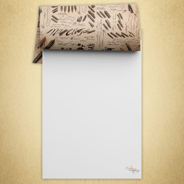 Schreib- und Kalligrafieblock Ornamental Letter ES311 im Vintage Style incl. Schreibhilfe, 50 Blatt Schreibpapier DIN A4 mit geschwungenem Linien-Ornament in Sand und Schokobraun links oben und rechts unten