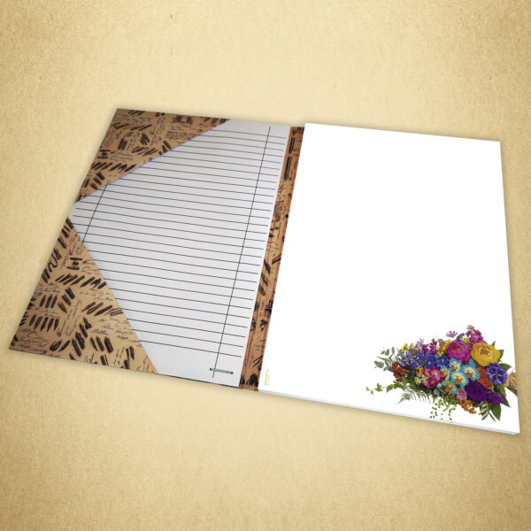 Schreib- und Kalligrafiemappe Blütenpracht ES347 im Vintage Style incl. Schreibhilfe, 50 Blatt Schreibpapier DIN A4 mit buntem Blumenstrauß rechts unten